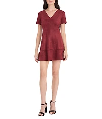Donna Morgan Savy Suede V-Neck Short Sleeve Mini Dress