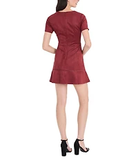 Donna Morgan Savy Suede V-Neck Short Sleeve Mini Dress