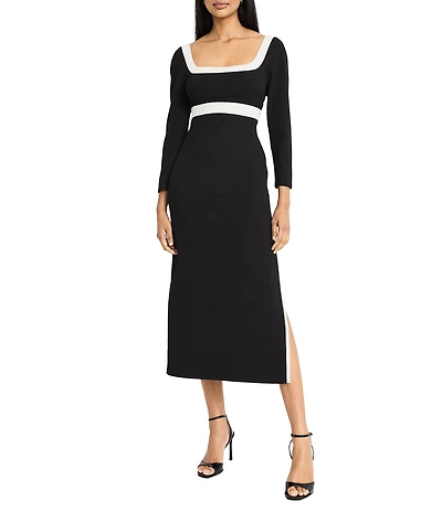 Donna Morgan Scuba Crape Contrast Color Bind Square Neck Long Sleeve Midi Dress