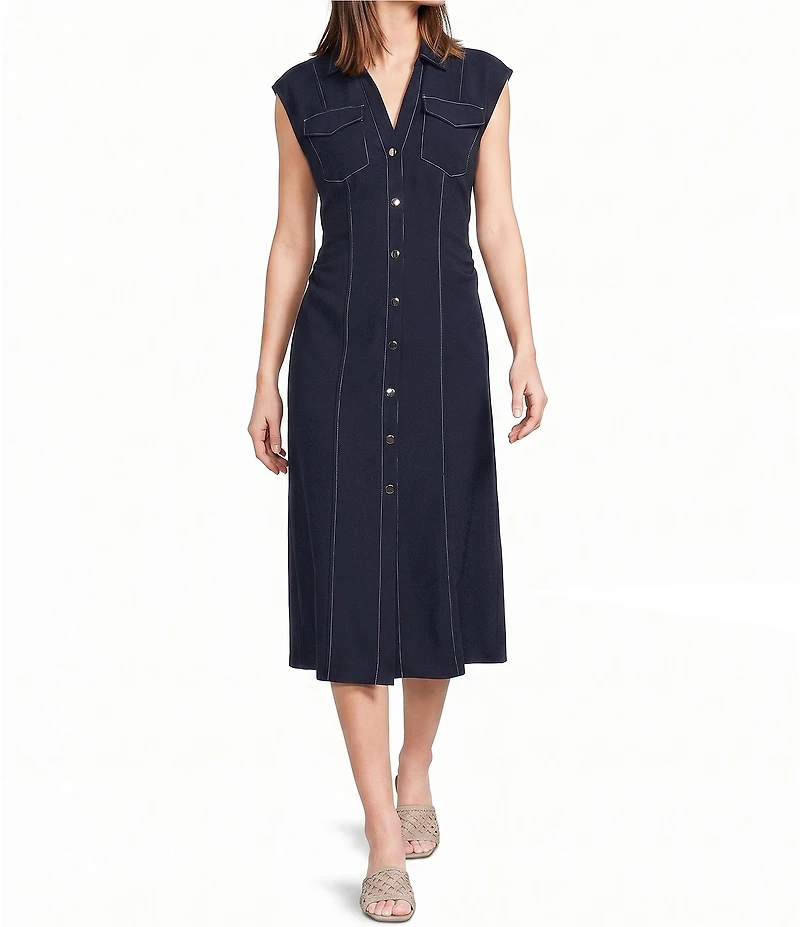 Donna Morgan Scuba Crepe Button Front Midi Dress