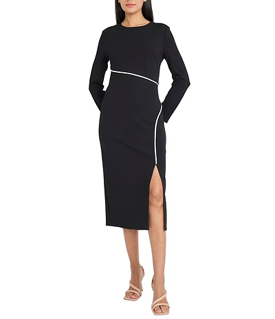 Donna Morgan Scuba Crepe Crew Neck Long Sleeve Sheath Midi Dress