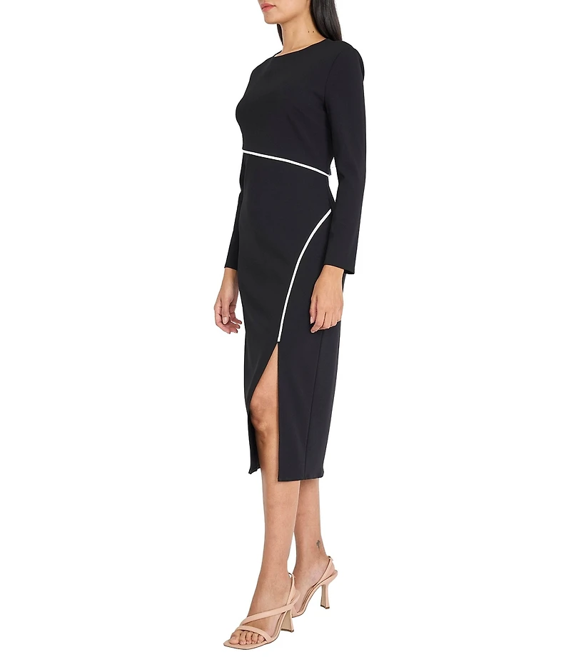 Donna Morgan Scuba Crepe Crew Neck Long Sleeve Sheath Midi Dress