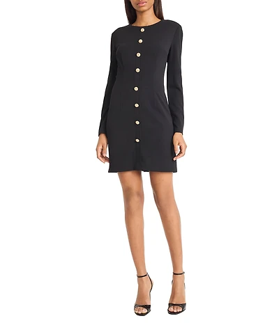 Donna Morgan Scuba Crepe Long Sleeve Faux Button Front Dress