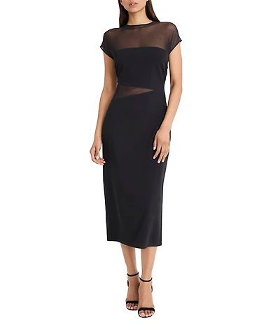 Donna Morgan Scuba Crepe Mesh Cutout Short Sleeve Midi Dress