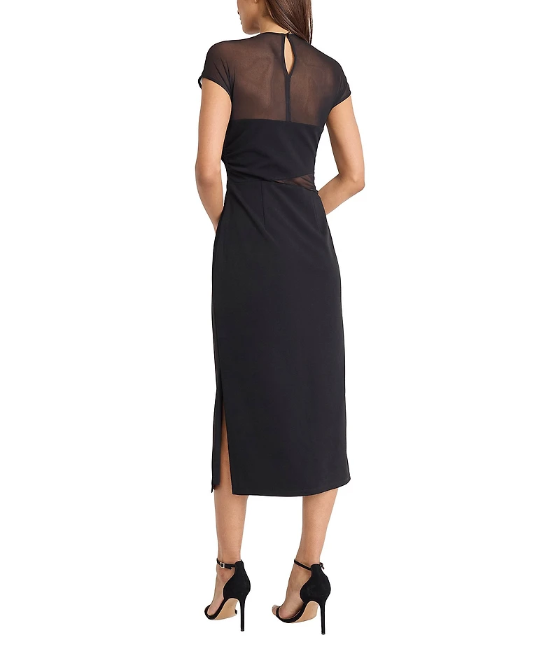 Donna Morgan Scuba Crepe Mesh Cutout Short Sleeve Midi Dress