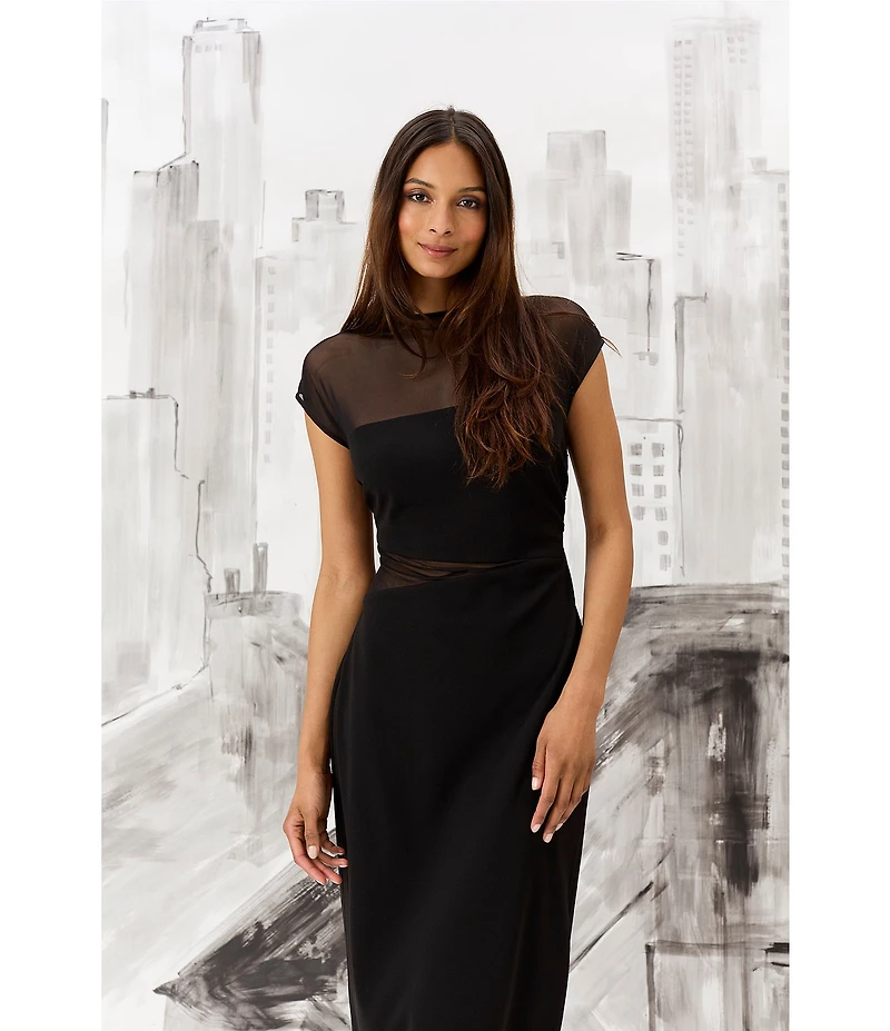 Donna Morgan Scuba Crepe Mesh Cutout Short Sleeve Midi Dress