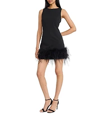 Donna Morgan Scuba Crepe Sleeveless Feather Trim Sheath Mini Dress