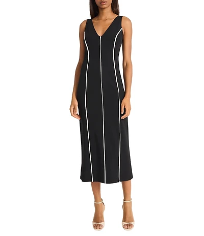 Donna Morgan Scuba Crepe V-Neck Sleeveless Contrast Piping Midi Dress