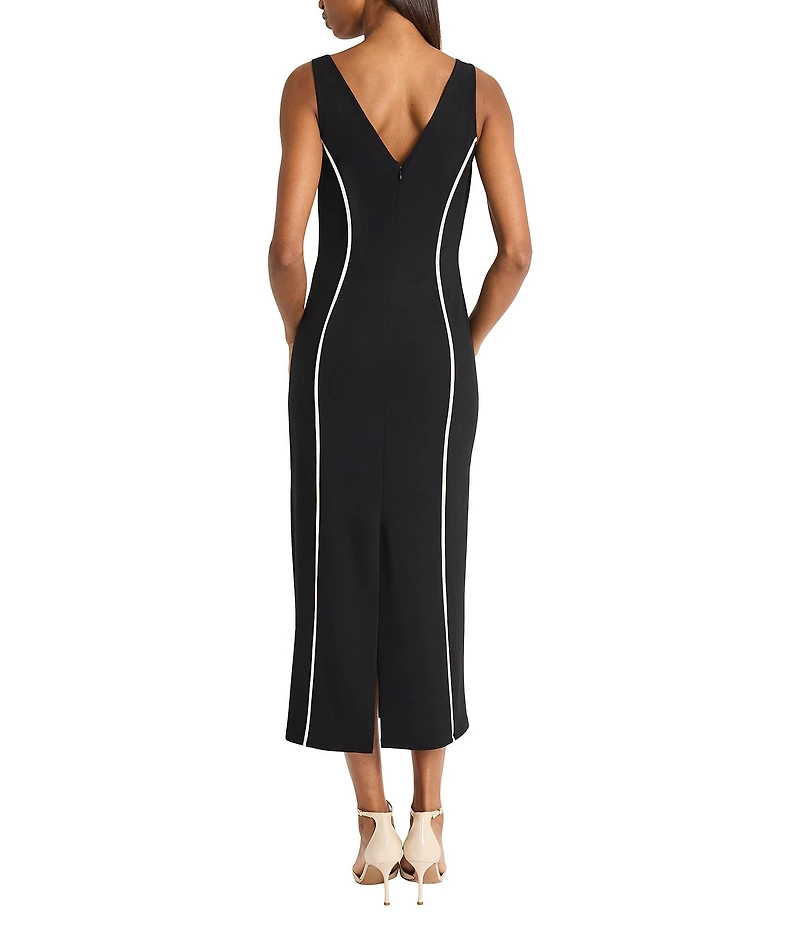 Donna Morgan Scuba Crepe V-Neck Sleeveless Contrast Piping Midi Dress