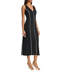 Donna Morgan Scuba Crepe V-Neck Sleeveless Contrast Piping Midi Dress