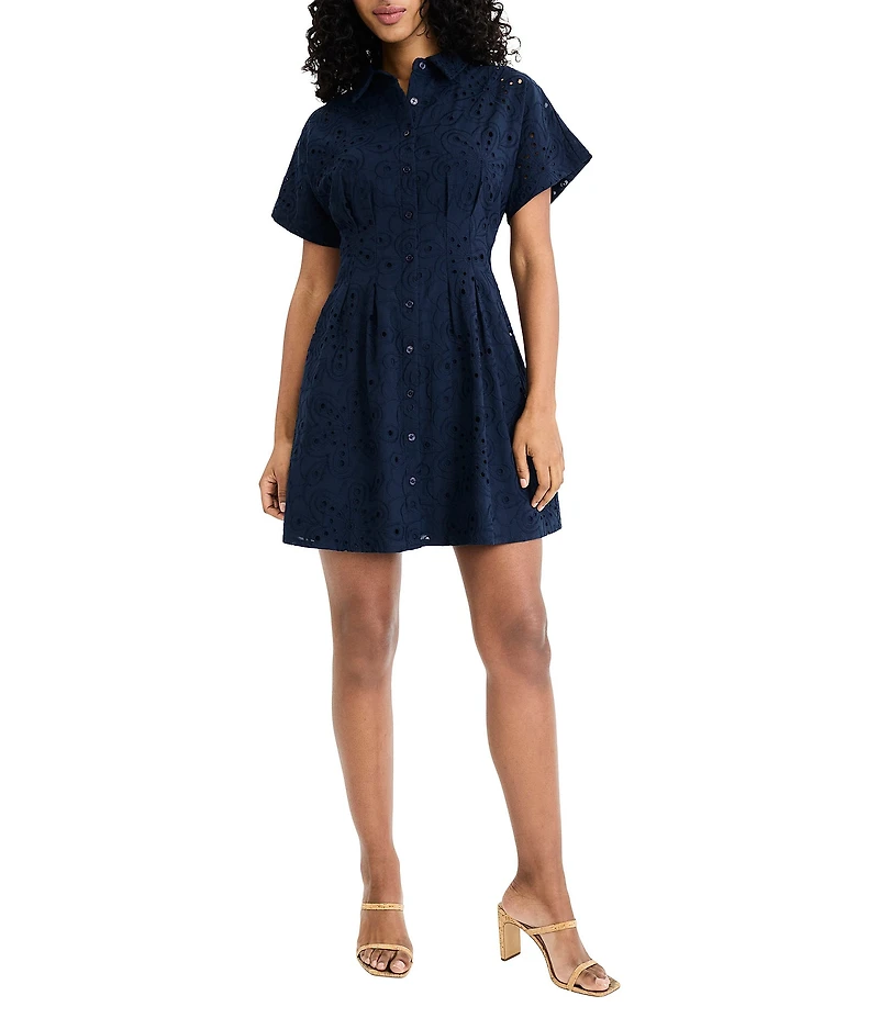 Donna Morgan Short Sleeve Collared Eyelet Mini Dress