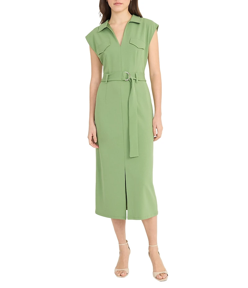 Donna Morgan Solid Scuba Crepe Collared Belted Midi Dress