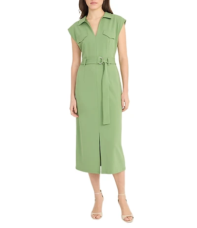 Donna Morgan Solid Scuba Crepe Collared Belted Midi Dress