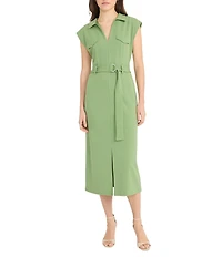 Donna Morgan Solid Scuba Crepe Collared Belted Midi Dress