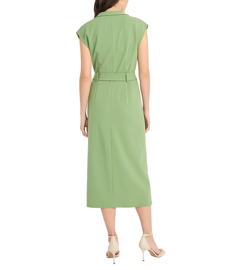 Donna Morgan Solid Scuba Crepe Collared Belted Midi Dress