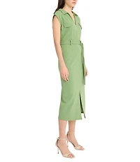 Donna Morgan Solid Scuba Crepe Collared Belted Midi Dress
