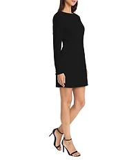 Donna Morgan Solid Scuba Crepe Crew Neck Long Sleeve Strong Shoulder Mini Dress