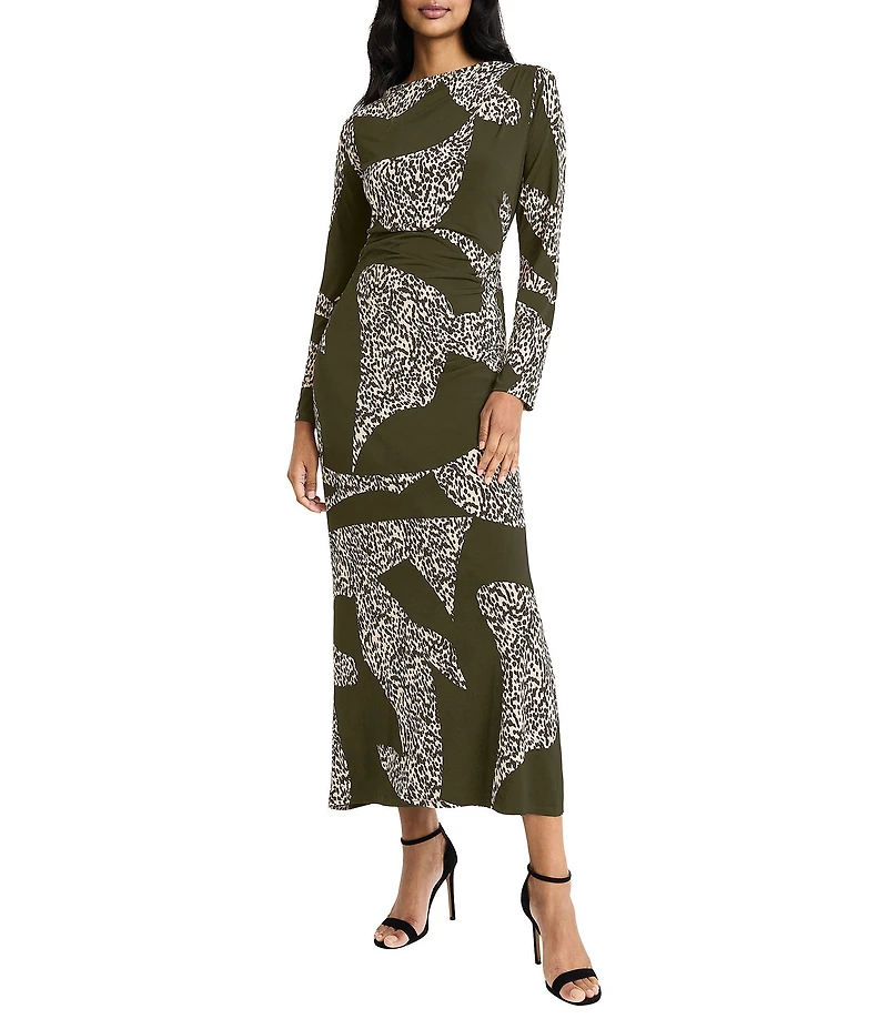 Donna Morgan Spotted Print Matte Jersey Sheath Boat Neck Long Sleeve Side Slit Maxi Dress
