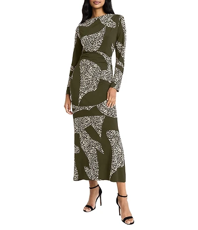Donna Morgan Spotted Print Matte Jersey Sheath Boat Neck Long Sleeve Side Slit Maxi Dress