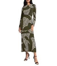 Donna Morgan Spotted Print Matte Jersey Sheath Boat Neck Long Sleeve Side Slit Maxi Dress