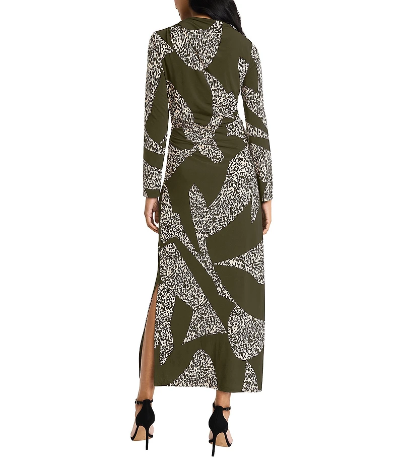 Donna Morgan Spotted Print Matte Jersey Sheath Boat Neck Long Sleeve Side Slit Maxi Dress
