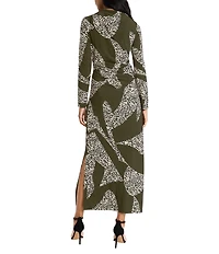 Donna Morgan Spotted Print Matte Jersey Sheath Boat Neck Long Sleeve Side Slit Maxi Dress