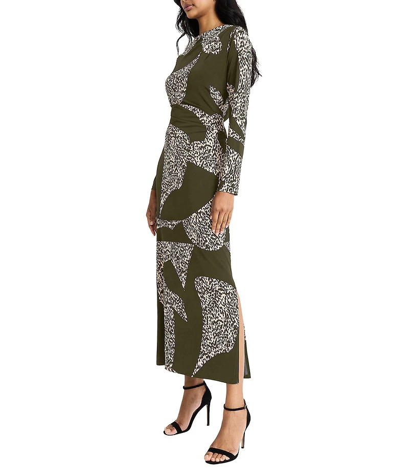 Donna Morgan Spotted Print Matte Jersey Sheath Boat Neck Long Sleeve Side Slit Maxi Dress