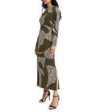 Donna Morgan Spotted Print Matte Jersey Sheath Boat Neck Long Sleeve Side Slit Maxi Dress