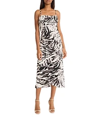 Donna Morgan Square Neck Sleeveless Ruched Animal Print Twill Tank Midi Dress