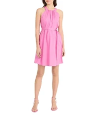 Donna Morgan Stretch Poplin Halter Neck Sleeveless Belted A-Line Mini Dress