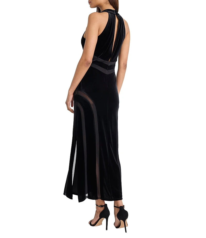 Donna Morgan Stretch Velvet Halter Keyhole Neck Sleeveless Mesh Cutout Gown