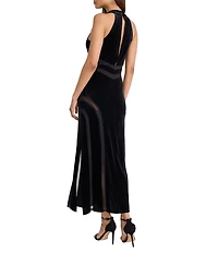Donna Morgan Stretch Velvet Halter Keyhole Neck Sleeveless Mesh Cutout Gown