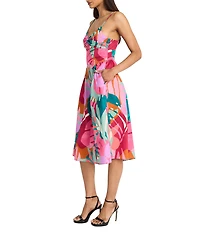 Donna Morgan Sweetheart Twist Front Sleeveless Tropical Printed Cotton Poplin Fit & Flare Midi Dress
