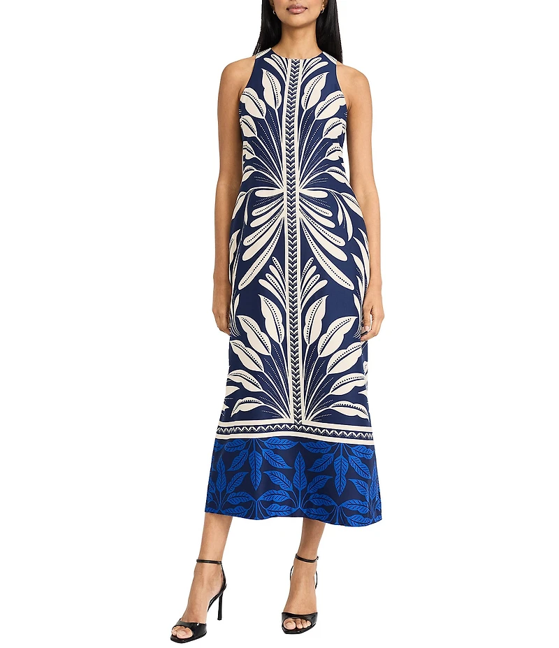 Donna Morgan Twill Printed Halter Neck Sleeveless Back Keyhole Caftan Midi Dress