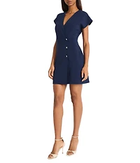 Donna Morgan V-Neck Short Sleeves Button Front Detail Scuba Crepe Sheath Dress