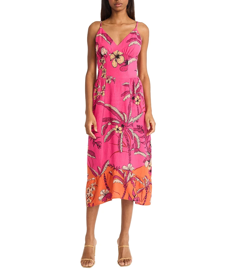 Donna Morgan V-neck Sleeveless Asymmetrical Hem Tropical Print Linen Blend Midi Dress