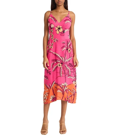 Donna Morgan V-neck Sleeveless Asymmetrical Hem Tropical Print Linen Blend Midi Dress