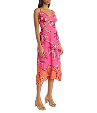 Donna Morgan V-neck Sleeveless Asymmetrical Hem Tropical Print Linen Blend Midi Dress