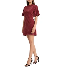 Donna Morgan Velveteen Rib Stripe Mock Neck Short Sleeve Mini Dress
