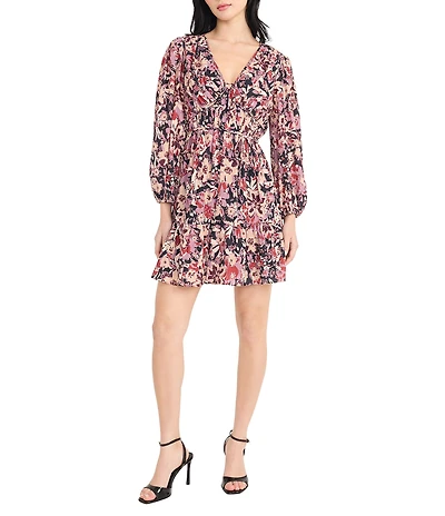 Donna Morgan Woven Floral Print Long Sleeve Babydoll Dress