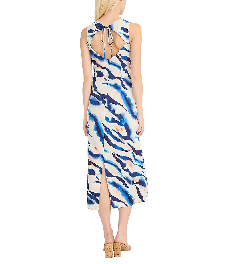Donna Morgan Zebra Print Crew Neck Sleeveless Sheath Self Tie Midi Dress