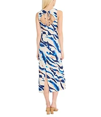 Donna Morgan Zebra Print Crew Neck Sleeveless Sheath Self Tie Midi Dress
