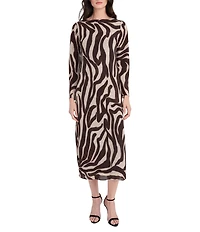 Donna Morgan Zebra Print Georgette Boat Neck Long Sleeve Midi Dress