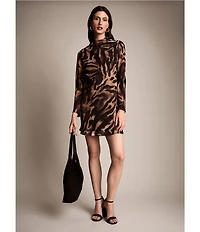 Donna Morgan Zebra Print Georgette Mock Neck Long Sleeve Mini Dress