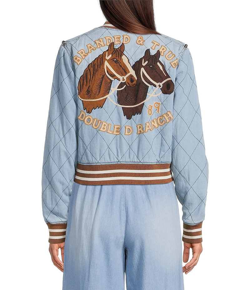 Double D Ranch Branded & True Round Neck Long Sleeve Studded Emroidered Bomber Jacket