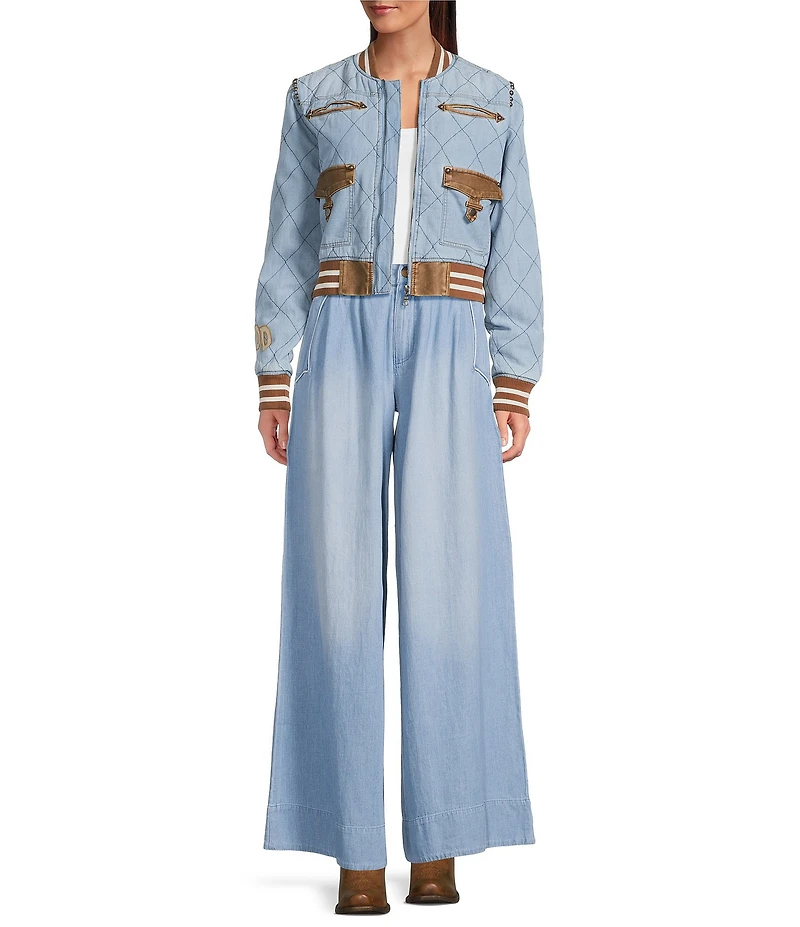 Double D Ranch Branded & True Round Neck Long Sleeve Studded Emroidered Bomber Jacket