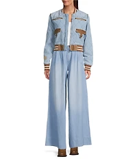 Double D Ranch Branded & True Round Neck Long Sleeve Studded Emroidered Bomber Jacket