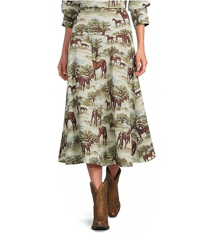 Double D Ranch Coordinating Horsiculture Printed A-Line Midi Skirt