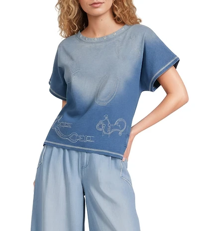 Double D Ranch Cowboy Gist Print Woven Scoop Neck Short Sleeve Top