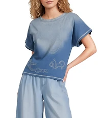 Double D Ranch Cowboy Gist Print Woven Scoop Neck Short Sleeve Top